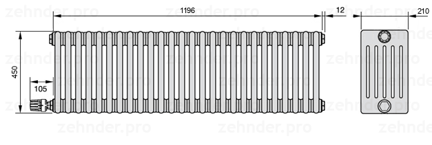 Схема (чертеж) Радиатор Zehnder Charleston 6045/26 №V004 Белый глянцевый RAL 9016